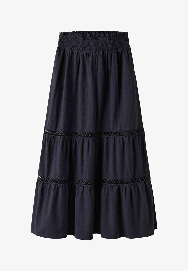 Gonna a strati blu marina con vita arricciata, caratterizzata da un elegante bordo ad occhio tra i vari strati. Realizzata in tessuto leggero con una morbida consistenza.