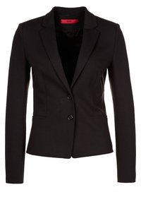 Schwarze Blazer aus glattem Stoff, mit einer Ein-Knopf-Verschluss, Reverskragen und zwei Vorderseiten Taschen. Taillierter Schnitt mit langen Ärmeln.