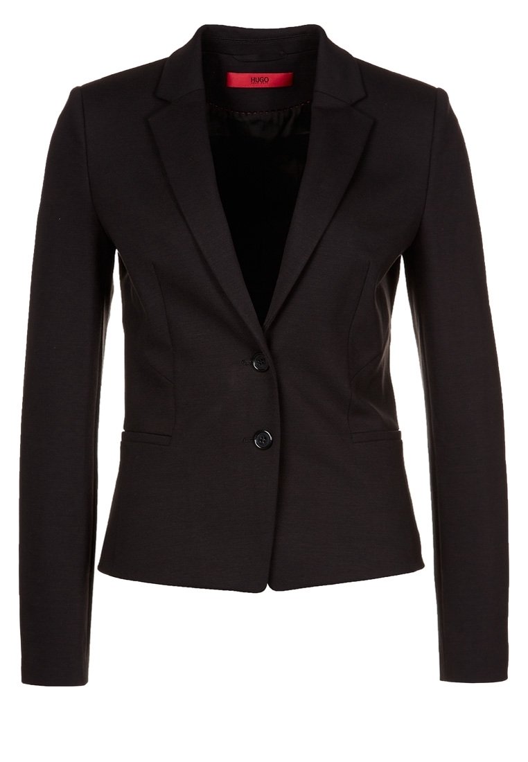 Schwarze Blazer aus glattem Stoff, mit einer Ein-Knopf-Verschluss, Reverskragen und zwei Vorderseiten Taschen. Taillierter Schnitt mit langen Ärmeln.