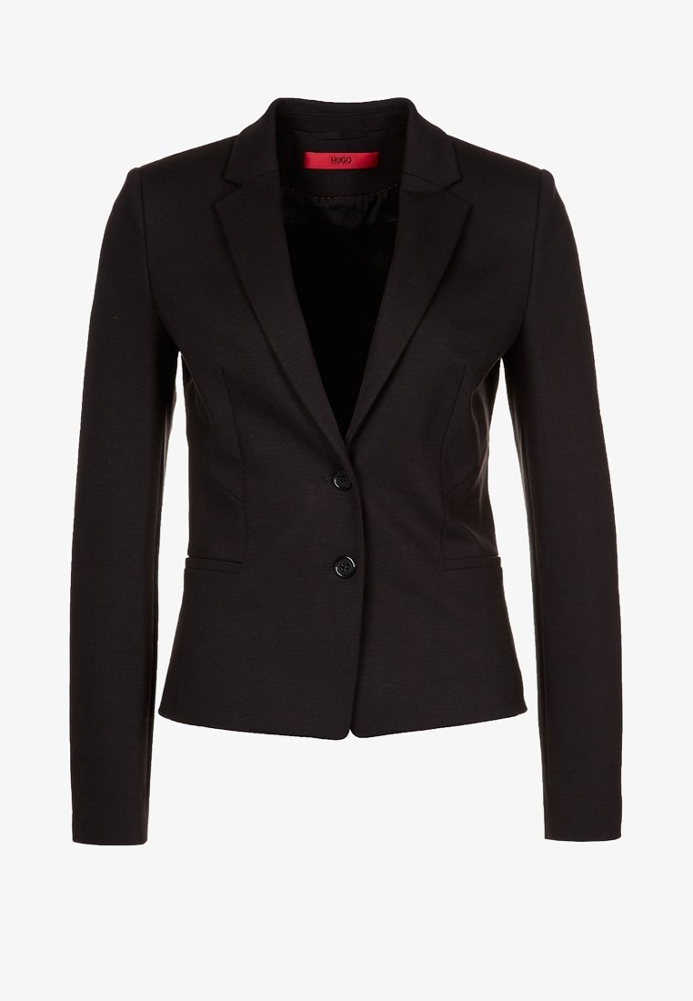 Schwarze Blazer aus glattem Stoff, mit einer Ein-Knopf-Verschluss, Reverskragen und zwei Vorderseiten Taschen. Taillierter Schnitt mit langen Ärmeln.