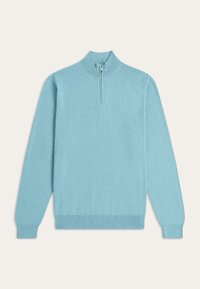 Light blue quarter-zip pullover sweater made of soft knit fabric. Features a ribbed collar and cuffs, with a smooth, even texture.