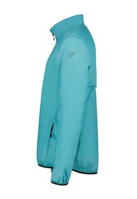 Lichte turquoise jas met hoge kraag, contrasterende zwarte manchetten en een subtiel logo op de schouder; voorzien van zijzakken met rits.