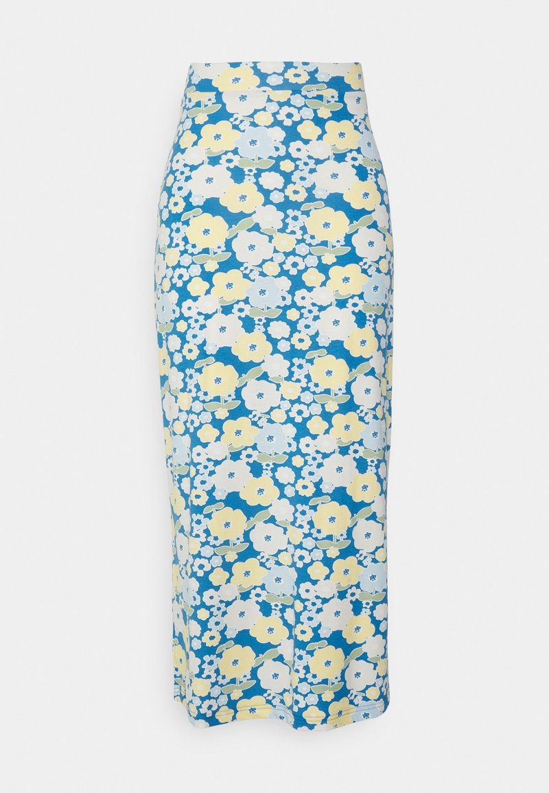 Jupe crayon bleue à imprimé floral blanc et jaune, taille cintrée et longueur genou.