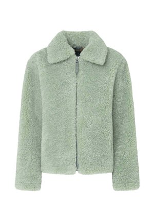 Groene nepbontjas met een kraag, voorrits en lange mouwen. Zachte textuur en harige oppervlakte, ideaal voor warmte en comfort.