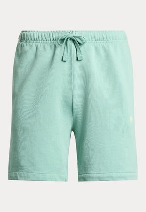 Ανοιχτοπράσινα casual σορτς με ελαστική μέση και κορδόνι, με ένα μικρό λευκό λογότυπο στο κάτω δεξί πόδι.