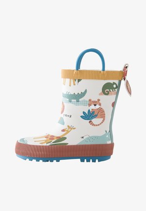 Białe dziecięce kalosze z niebieską podeszwą i uchwytem, ozdobione kolorowymi kreskówkowymi zwierzętami, w tym tygrysem, żyrafą, krokodylem i kameleonem.