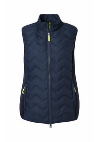 Chaleco de plumas azul marino con patrón de rombos, cuello alto y cierre frontal de cremallera. Presenta paneles laterales en contraste y detalles de cremallera en amarillo.