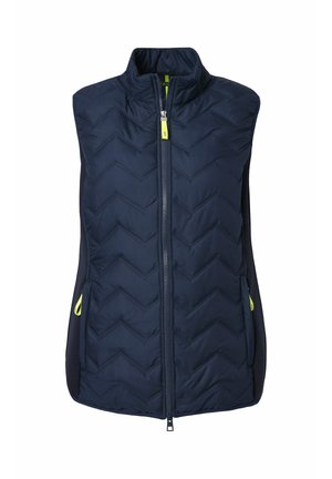 Gilet trapuntato navy con motivo a zigzag, colletto alto e zip frontale. Presenta pannelli laterali a contrasto e dettagli gialli sulla cerniera.