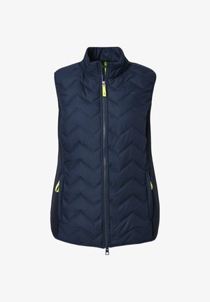 Marineblauer Steppweste mit Chevron-Steppmuster, hohem Kragen und Reißverschluss vorne. Verfügt über kontrastierende Seitenpartien und gelbe Reißverschlussakzente.