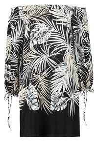 Mustat olkaimeton mekko, jossa on valkoisia ja vaaleita trooppisia palmun lehtikuvioita, pitkät puffihihat ja säädettävät nauhakoukut.