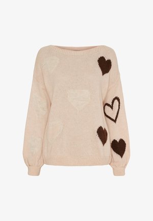 Blød lyserød striktrøje med brune og cremefarvede hjerte mønstre, med lange ærmer og rund halsudskæring.