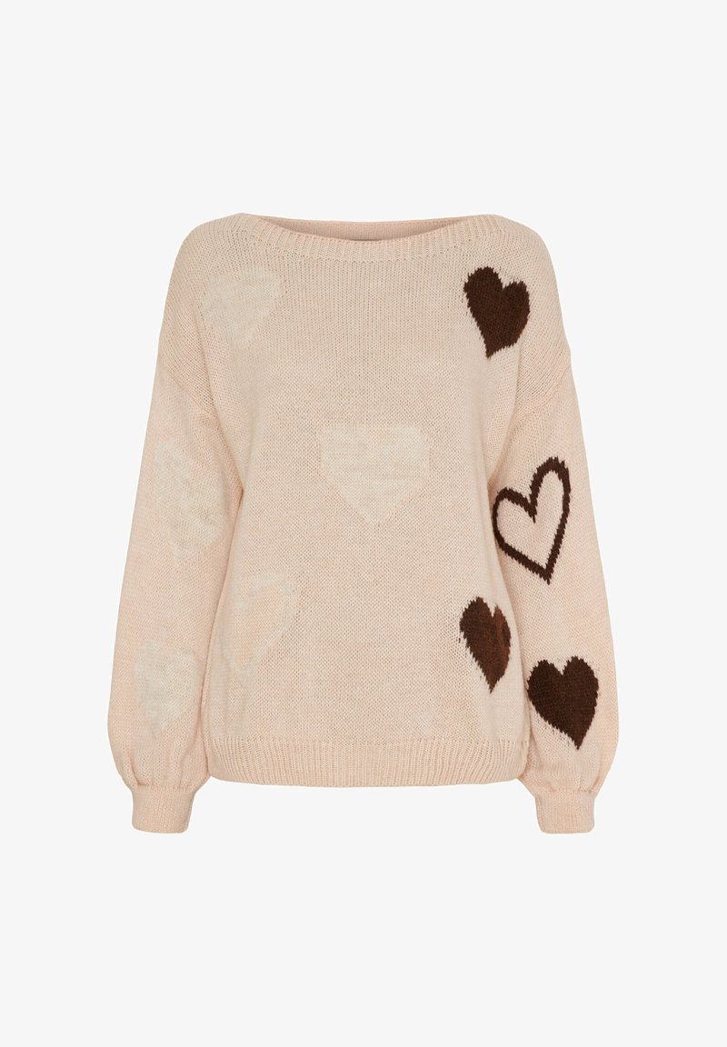 Blød lyserød striktrøje med brune og cremefarvede hjerte mønstre, med lange ærmer og rund halsudskæring.