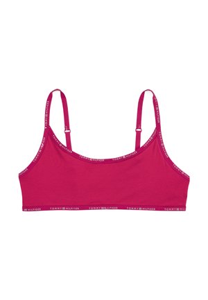 Bralette en coton rose avec bretelles réglables. Présente une bande logo à l'ourlet et un design légèrement court. Texture lisse.
