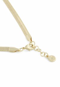 Guldtonad halsband med en smidig, flexibel kedja, försedd med en kräftklämma och en liten rund tagg med logotypdetalj.