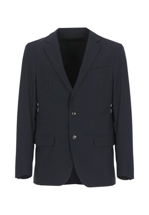Blazer nero da uomo a due bottoni con rever a lancia, tasche con pattina e taschino sul petto, mostrato su sfondo bianco.