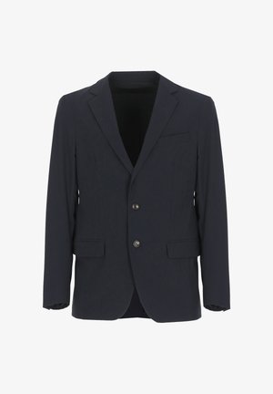 Blazer nero da uomo a due bottoni con rever a lancia, tasche con pattina e taschino sul petto, mostrato su sfondo bianco.