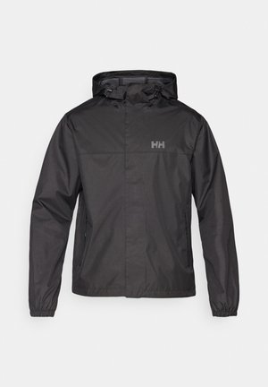 Zwarte waterdichte jas met een capuchon, elastische manchetten, twee zijzakken en een minimalistisch ontwerp met een klein logo op de borst.