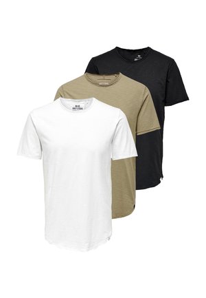 Tre t-shirt a maniche corte con collo rotondo, semplici, nei colori bianco, beige e nero, disposte sovrapposte su uno sfondo bianco.