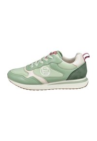 Sneakers verde menta con una combinazione di pelle liscia e dettagli in camoscio. Suola bianca con un discreto marchio laterale e retro texture.