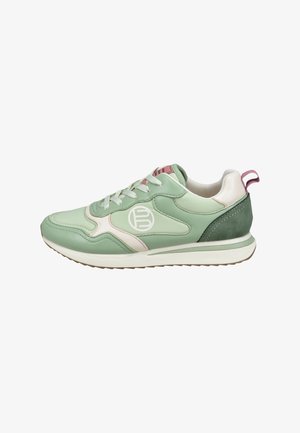 Mintgroene sneakers met een combinatie van glad leer en suede accenten. Witte zool met subtiele branding aan de zijkant en een gestructureerde achterkant.