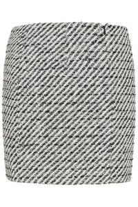 Tweed-minihame, jossa on mustavalkoinen vinoraitakuosi, takana piilotettu vetoketju ja muotoiltu istuvuus.