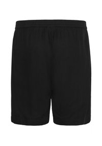 Shorts de sport noirs avec une taille élastique, une texture lisse et une coupe décontractée, conçus pour le confort et la mobilité.