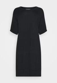 Schwarzes Kurzarmkleid mit rundem Ausschnitt, gefertigt aus einem glatten Stoff. Verfügt über eine lockere Passform und einen geraden Schnitt mit gesäumtem Saum.
