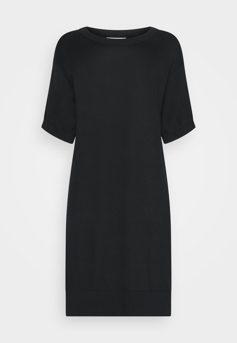 Schwarzes Kurzarmkleid mit rundem Ausschnitt, gefertigt aus einem glatten Stoff. Verfügt über eine lockere Passform und einen geraden Schnitt mit gesäumtem Saum.