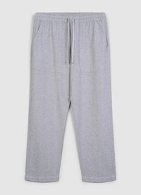 Graue Jogginghose mit elastischem Bund, Kordelzug und zwei Fronttaschen; aus einem weichen Baumwollmischgewebe gefertigt.