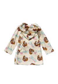 Fleece robe with a hood, cream color, featuring repeated cartoon dog prints and text "So Cute!" and "Pet's!" in pink and turquoise.