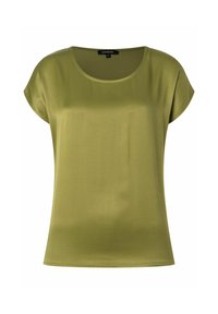 Olijf groene blouse met korte mouwen, een ronde halslijn en een gladde, semi-doorzichtige textuur. Eenvoudig ontwerp, gemakkelijk te combineren voor casual draag.