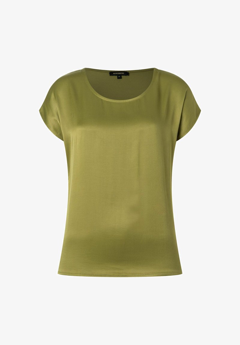 Olijf groene blouse met korte mouwen, een ronde halslijn en een gladde, semi-doorzichtige textuur. Eenvoudig ontwerp, gemakkelijk te combineren voor casual draag.