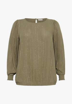 Olive green blouse with long, puffed sleeves. Textured fabric featuring vertical metallic stripes. Round neckline with a back keyhole opening.