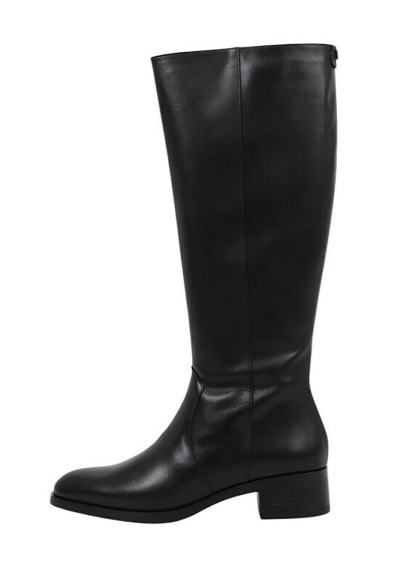 Bottes noires en cuir montantes jusqu'au genou, avec une texture lisse, un bout arrondi et un talon bloc modeste. Comprend un accent subtil en haut.