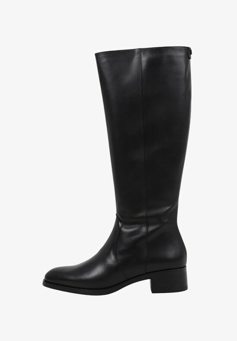 Bottes noires en cuir montantes jusqu'au genou, avec une texture lisse, un bout arrondi et un talon bloc modeste. Comprend un accent subtil en haut.