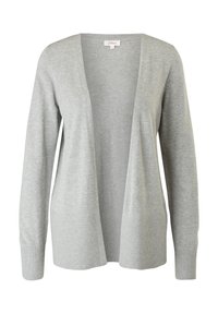 Cardigan gris claro con diseño de escote en V, apertura frontal, mangas largas y puños acanalados. Fabricado con un tejido suave y texturizado.
