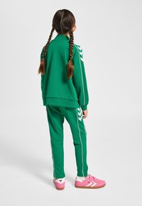 Copil cu două codițe, purtând un trening verde cu dungi albe și adidași roz, cu fața spre spate pe un fundal simplu.