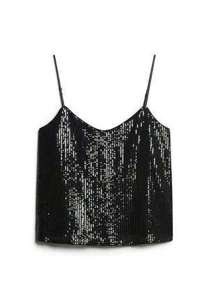 Sort ærmeløs croptop med tynde stropper, dækket af skinnende sorte pailletter, der skaber en glitrende effekt.