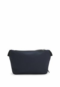 Borsa marina in nylon liscio, con chiusura a zip e manico laterale. Forma arrotondata con un design minimalista e senza motivi visibili.