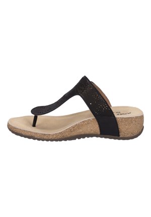 Black thong sandal with cutout detailing, cork midsole, and a tan footbed. Features a textured strap and a slightly raised heel.