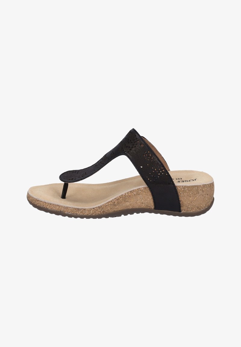Black thong sandal with cutout detailing, cork midsole, and a tan footbed. Features a textured strap and a slightly raised heel.