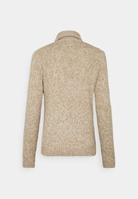 Pull beige en tricot avec col, doté d'un motif texturé et de manches longues. Le dos est uni avec des détails côtelés à l'ourlet et aux poignets.