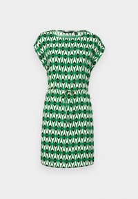Green and cream patterned dress with a geometric design, short sleeves, a belt at the waist, and a rounded neckline. Smooth fabric texture.