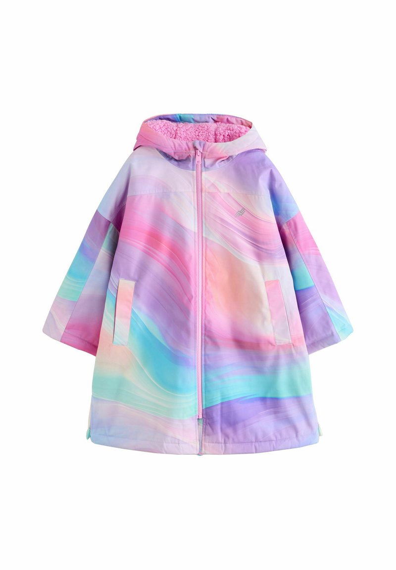 Pastel oversized windjack met een verloopgolvenpatroon in roze, paars en blauwe tinten. Met capuchon en twee zijzakken.