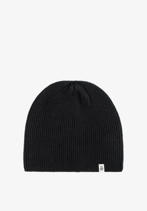 Black knit beanie hat with ribbed texture, featuring a rounded top and a small logo tag on the side for branding.