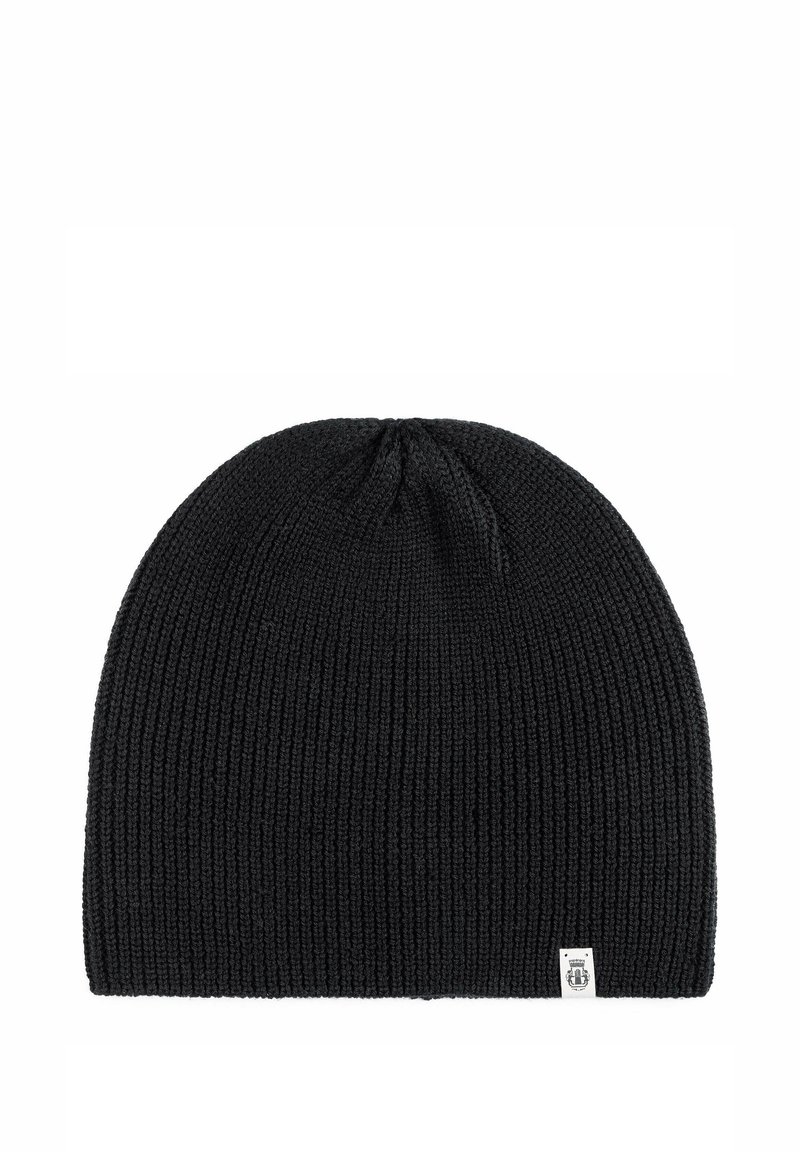 Black knit beanie hat with ribbed texture, featuring a rounded top and a small logo tag on the side for branding.
