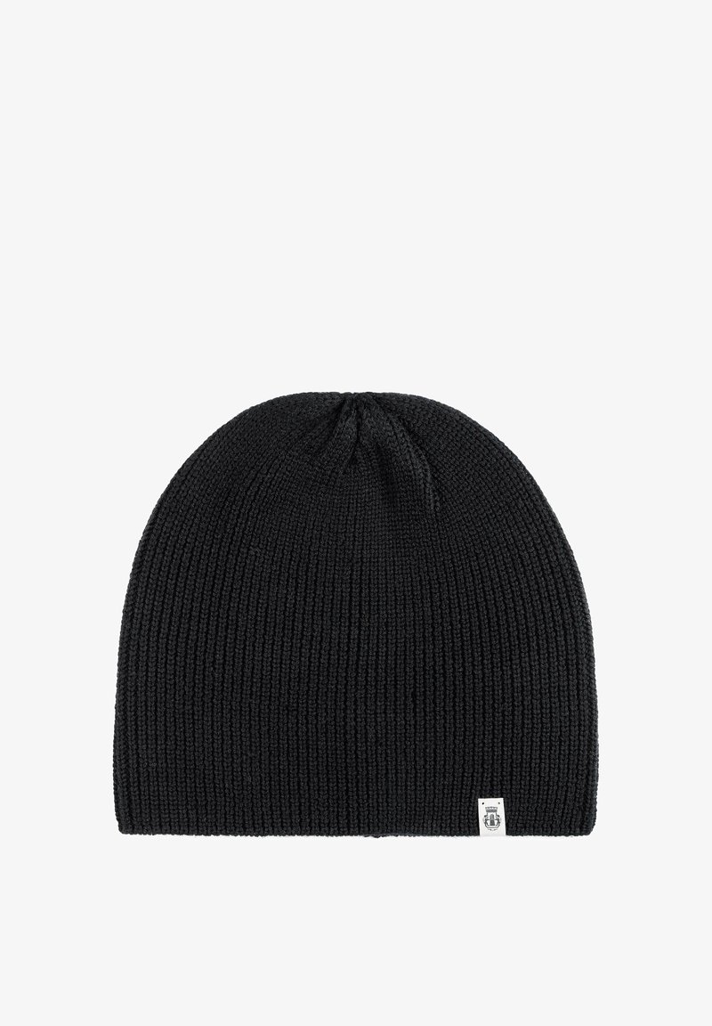 Black knit beanie hat with ribbed texture, featuring a rounded top and a small logo tag on the side for branding.
