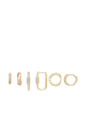 Six pairs of gold hoop earrings with varied designs, including smooth, twisted, rectangular, and adorned with small clear stones.