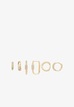 Six pairs of gold hoop earrings with varied designs, including smooth, twisted, rectangular, and adorned with small clear stones.
