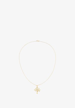 Kuldne kaelakee õrna ketiga ja elu puu ripatsiga, millel on väiksed vääriskivid okstel.